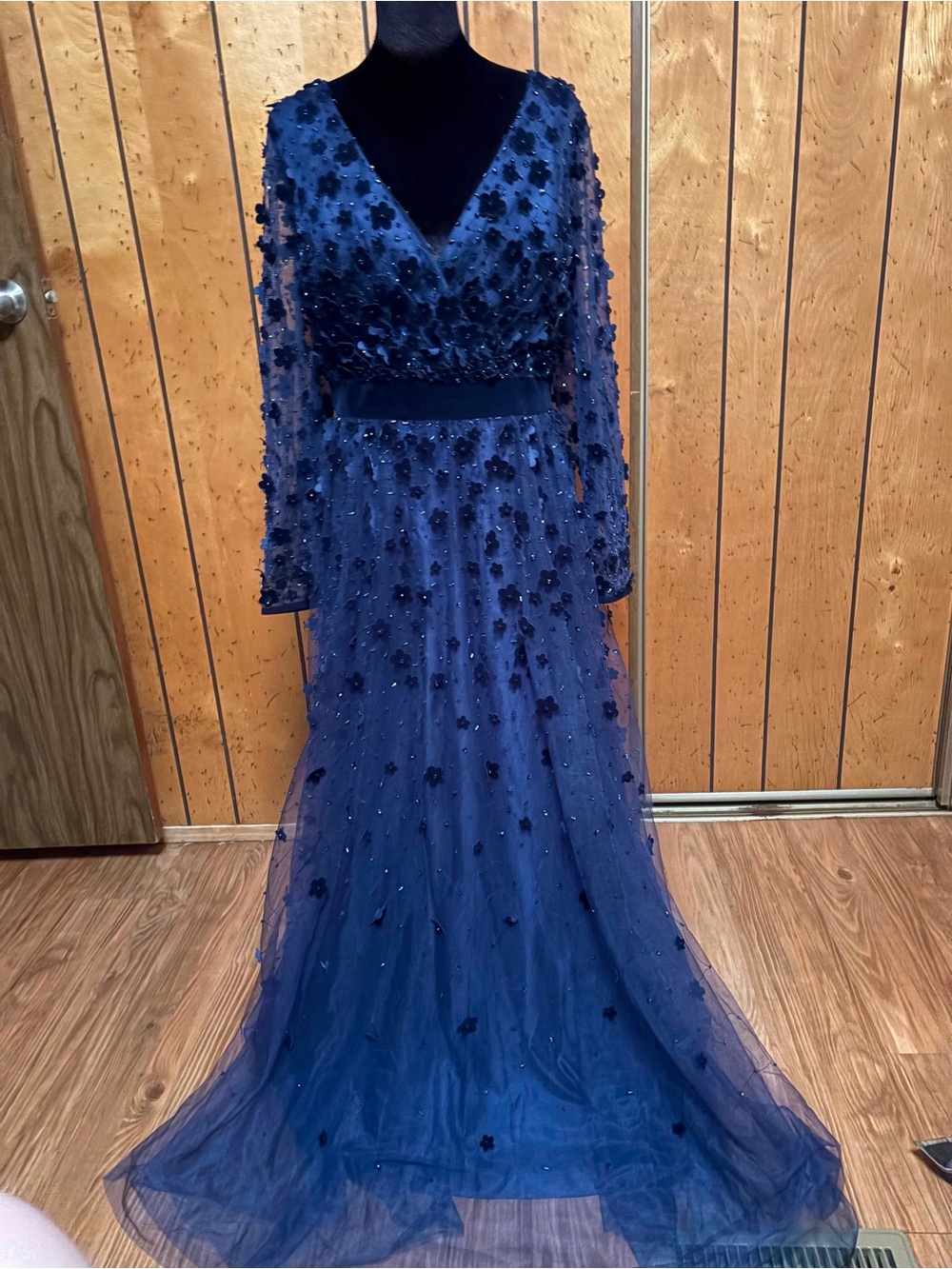 Mac Duggal Navy Long Sleeve Embroidered Tulle Gown
